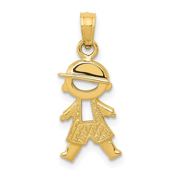 14k Yellow Gold Little Boy Charm with hat cut-out textured